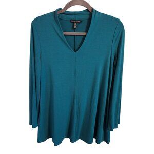 Eileen Fisher Woman SZ XS V Neck Tunic Tee Bell Sleeve Teal Green Comfort Stretc